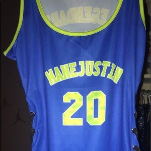 blue and green jersey dress with sides out